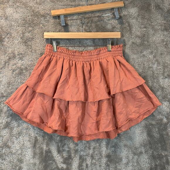 Aerie Peach Tiered Sweatshirt Knit Skirt L Elastic Waist Raw Hem Weekend Ruffle - Picture 1 of 8
